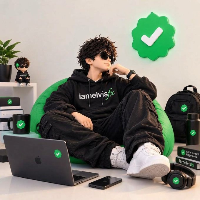 A stylized promotional image features a person wearing a black hoodie with 'iamelvisfx' branding, sitting in a green beanbag chair surrounded by merchandise including a backpack, mug, water bottle, and laptop, with a 'Better Content. Bigger Goals' tagline.