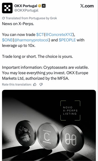 A tweet from OKX Portugal (@OKXPortugal) announces new X-Perps listings for $CT (@ConcreteXYZ), $ONE (@harmonyprotocol), and $PEOPLE with up to 10x leverage, featuring an image of three metallic tokens.