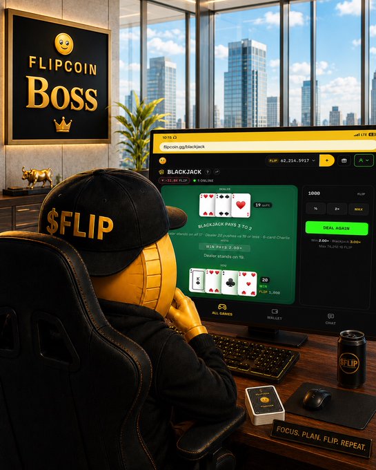 An AI-generated image shows a figure wearing a black cap with '$FLIP' playing a blackjack game on 'flipcoin.gg/blackjack' on a computer, with a 'FLIPCOIN BOSS' poster on the wall and a 'FOCUS. PLAN. FLIP. REPEAT.' sign on the desk.