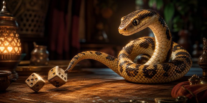 The image shows a snake with brown and black spots sitting on top of a wooden table. The snake has its head tilted back, possibly observing something off-camera or just relaxing. On the table, there are two dice - one near the snake's head and another closer to the bottom right corner. The background features an old lampshade and some other objects that add to the scene.