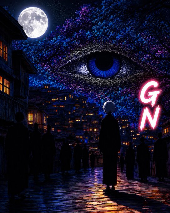 A moonlit, surreal scene shows hooded figures gazing up at a giant mystical eye made of starry nebulae, with a neon sign reading "G N" glowing on the right side—evoking the visionary, nocturnal mood of exploring blockchain's transformative potential at the close of day.