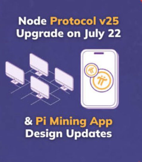Promotional graphic announcing the Pi Network Node Protocol v25 Upgrade on July 22 and Pi Mining App Design Updates, featuring illustrations of connected computer nodes and a smartphone with Pi coins.