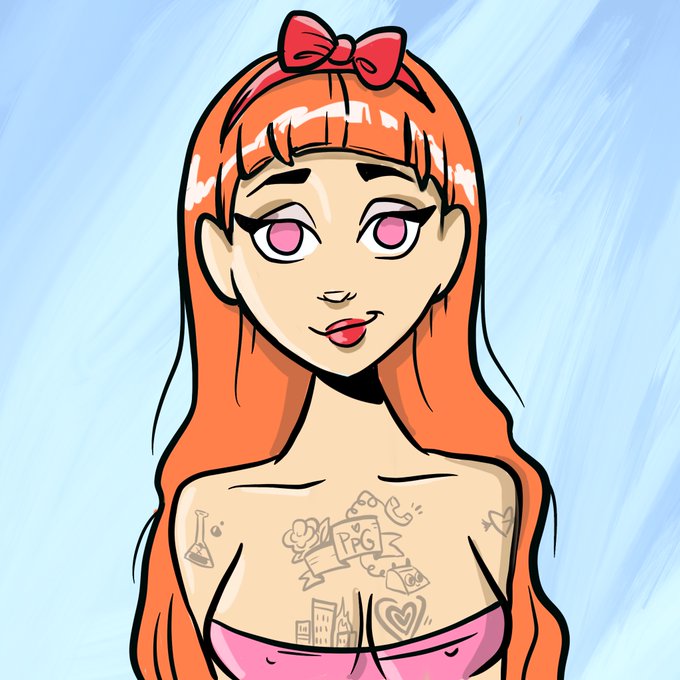A cartoon-style illustration of a young woman with long orange hair and a red bow, wearing a pink top, with various small tattoos visible on her chest area.