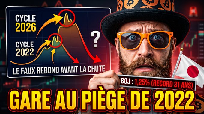 A YouTube thumbnail featuring a surprised man in orange glasses and a bitcoin hat, with French text 'GARE AU PIÈGE DE 2022', 'LE FAUX REBOND AVANT LA CHUTE', and 'BOJ: 1,25% (RECORD 31 ANS)' next to cycle comparison charts.