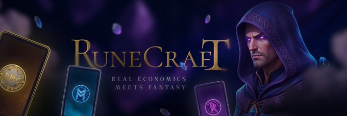 A promotional banner for "Runecraft" featuring a hooded figure with glowing purple eyes, alongside the tagline "Real Economics Meets Fantasy" and several rune-stones.