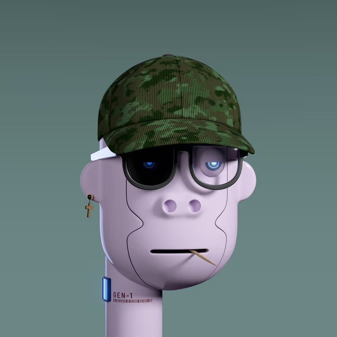 A stylized 3D character with pale purple skin wears a green camouflage cap, sunglasses over one blue eye, a cross earring, and a toothpick in its mouth, labeled 'GEN-1' on a barcode.