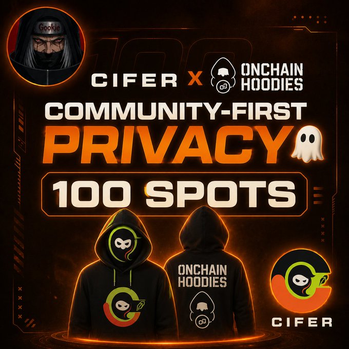 A promotional graphic for 'CIFER x ONCHAIN HOODIES' featuring 'COMMUNITY-FIRST PRIVACY' with '100 SPOTS' available, showing two hoodies against an orange fiery background.