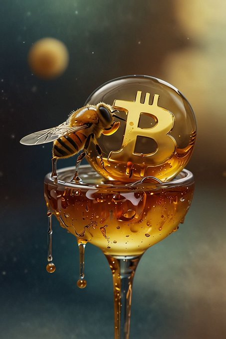 A digital artwork showing a honey bee perched on a glass goblet filled with honey, with a golden Bitcoin coin hovering above the rim.