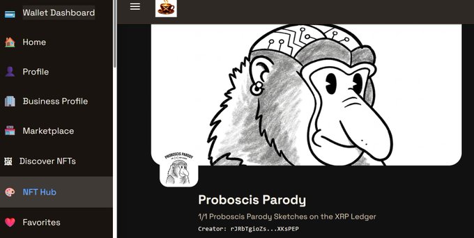 A screenshot of a digital wallet dashboard showing an NFT collection called "Proboscis Parody" with the description "1/1 Proboscis Parody Sketches on the XRP Ledger" by creator "rJRbTgiOZs...XkSPEP", featuring a black and white sketch of a monkey wearing a circuit-board helmet.