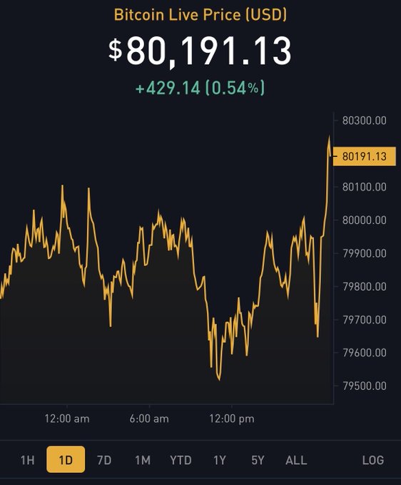 A Bitcoin Live Price chart displays a current value of $80,191.13, up +429.14 (0.54%), with the '1D' timeframe selected showing price fluctuations between approximately $79,500 and $80,300.