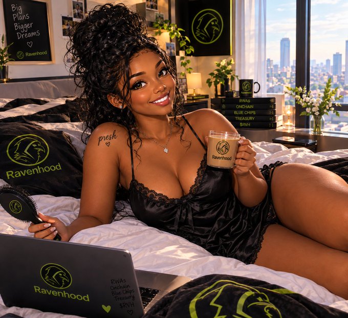 A woman reclines on a bed holding a coffee mug and hairbrush, surrounded by Ravenhood-branded merchandise including a pillow, laptop, and chalkboard reading 'Big Plans Bigger Dreams'.