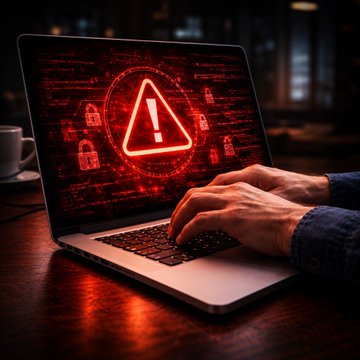 A person types on a laptop displaying a glowing red warning triangle and padlock icons, symbolizing a cyber threat alert. The imagery illustrates the Bitdefender warning about hackers using fake pirated copies of "The Odyssey" to distribute Lumma Stealer malware targeting victims' digital wallets.