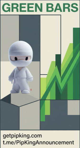 A promotional poster for 'GREEN BARS' showing a 3D character dressed as a ninja standing in front of a background of geometric panels and a rising green bar chart, with URLs 'getpipking.com' and 't.me/PipKingAnnouncement'.