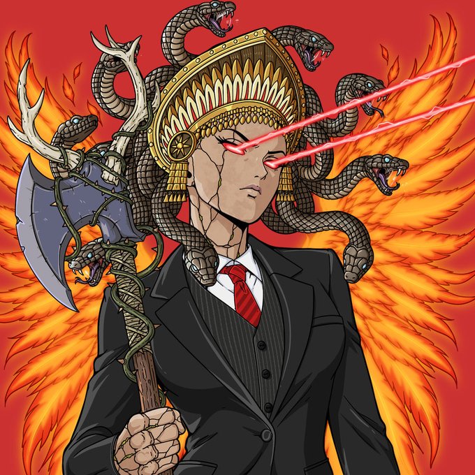 An illustrated mythological figure with multiple snake heads, a golden crown, red laser eyes, and a winged red background wears a business suit and holds a battle axe.