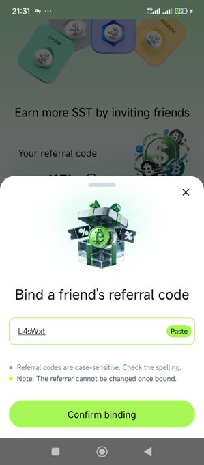 A mobile app screen showing a 'Bind a friend's referral code' popup with a treasure box graphic and the code 'L4sWxt' entered, with a 'Confirm binding' button. The background mentions earning SST by inviting friends.