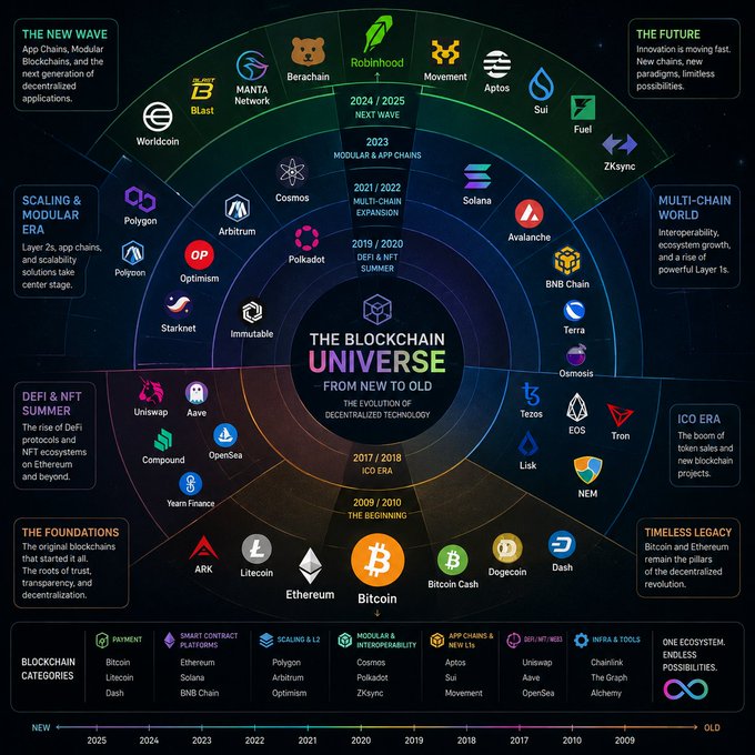 An infographic titled 'THE BLOCKCHAIN UNIVERSE - FROM NEW TO OLD' mapping the evolution of decentralized technology from 2009/2010 through 2024/2025, featuring logos and names of cryptocurrencies like Bitcoin, Ethereum, Solana, and BNB Chain.