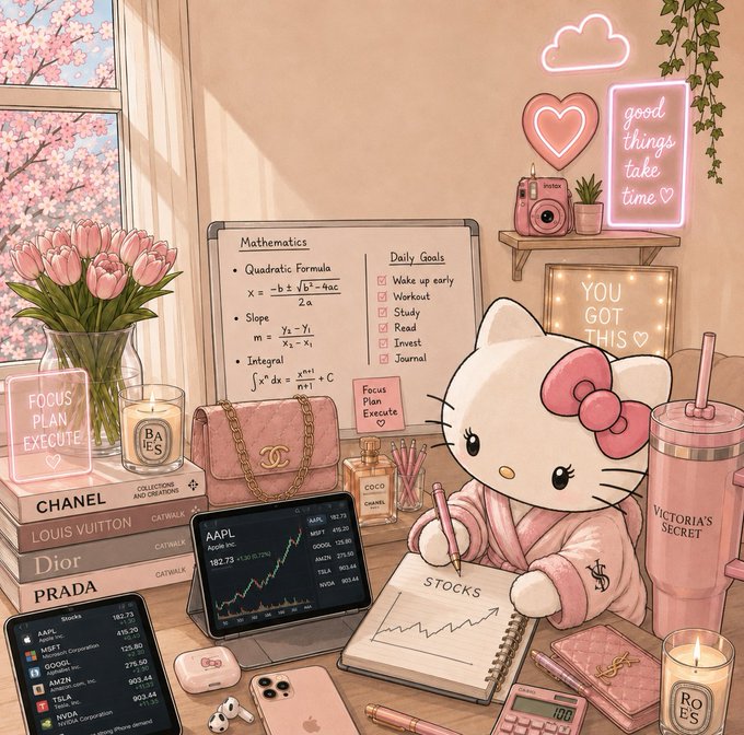 A pink-themed digital illustration of Hello Kitty in a bathrobe writing in a 'STOCKS' notebook, surrounded by luxury brand items (Chanel, Louis Vuitton, Dior, Prada), a mathematics whiteboard, stock market tickers (AAPL, MSFT, GOOGL, AMZN, TSLA, NVDA), and neon signs reading 'FOCUS PLAN EXECUTE' and 'good things take time'.