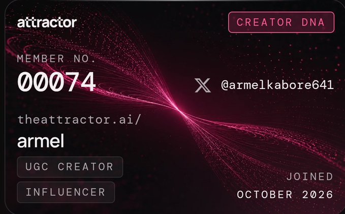 A digital 'Creator DNA' card from attractor.ai for member 00074, @armelkabore641, identified as a UGC Creator/Influencer joined in October 2026.