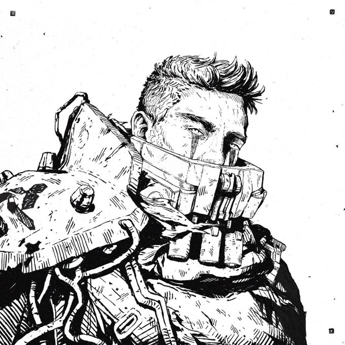 Black and white comic-style illustration of a man with a mohawk wearing heavy mechanical armor and a face-covering apparatus, with tears visible in his eyes.