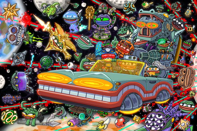 A vibrant, psychedelic digital artwork features a retro-futuristic car overflowing with cartoon characters, planets, UFOs, and chaotic alien creatures set against a cosmic background filled with floating eyeballs, fruits, and strange figures. This colorful, chaotic composition ties into the post's theme of unique 1/1 NFT artwork collection, showcasing the wild and imaginative creativity of the featured artists.