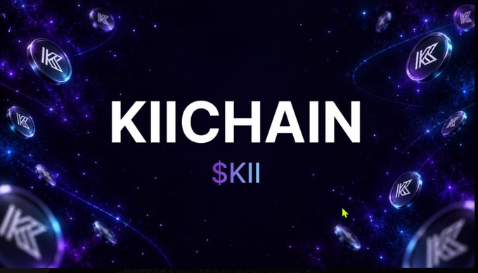 A promotional graphic for 'KIICHAIN' cryptocurrency displays the ticker '$KII' against a dark cosmic background with floating coin logos featuring the 'K' symbol.