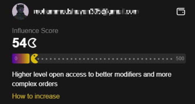 A dark interface showing an 'Influence Score' of 540 out of 500 on a Kamp'n platform, with text indicating that higher levels unlock better modifiers and more complex orders.