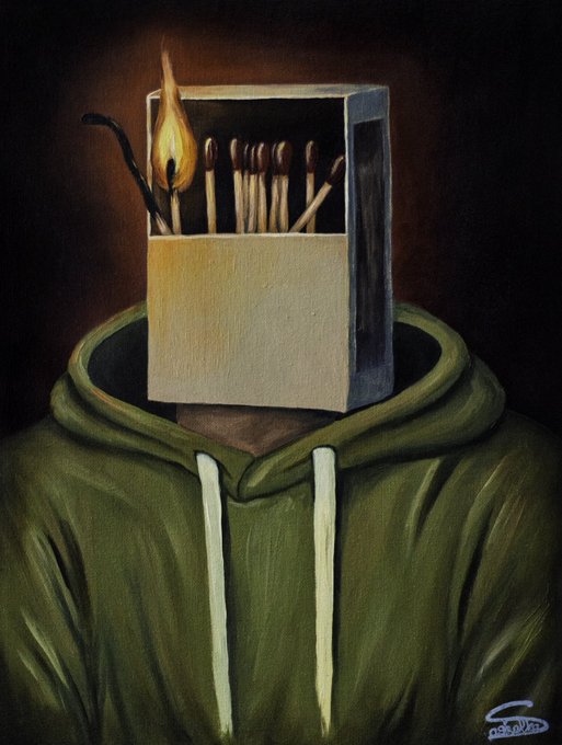 A surreal painting of a figure wearing a green hoodie, with a box of lit matches instead of a head.