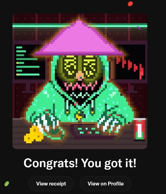 A pixel-art animation shows a green-clad character with dollar-sign eyes and a conical hat at a trading terminal, with the text 'Congrats! You got it!' and buttons for 'View receipt' and 'View on Profile.'