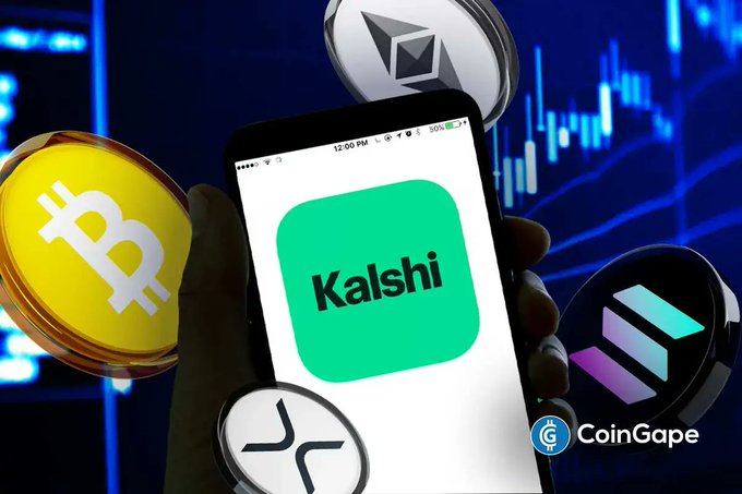 The image features a person holding up their phone displaying an app called Kalshi. The app's logo is prominently displayed at the bottom of the screen along with the words "Kalshi" written in green text. The background of the image shows various cryptocurrency symbols, including Bitcoin and Ripple, indicating that the app is related to digital currency or blockchain technology.