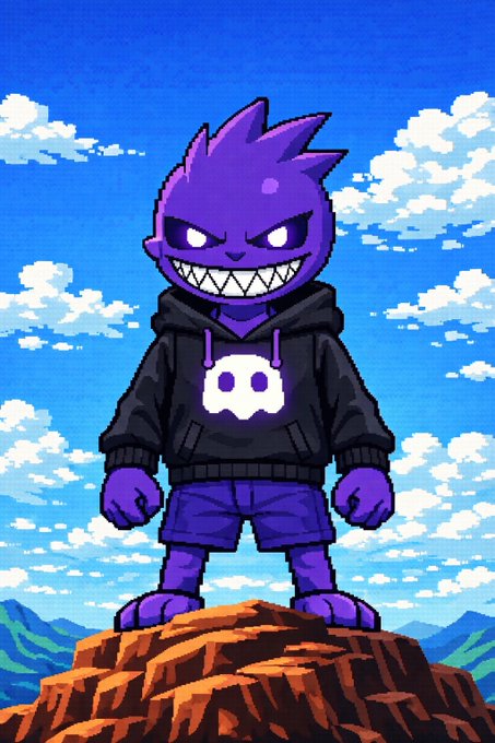 The image features a purple-haired cartoon character standing on top of a rocky cliff, with mountains visible in the background. The character has a black hoodie and blue shorts, giving them a unique appearance. The caption reads "Good morning all comrades #solana #memecoin".