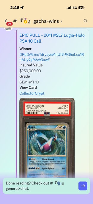 Screenshot of a Discord post in the #gacha-wins channel announcing an "EPIC PULL - 2011 #SL7 Lugia-Holo PSA 10 Call," with the winner ID "DRoDA9xeuTdryJyeMhUf9r9GhoLcx1RhAUy9gM6AGuwF," showing an Insured Value of $250,000 and a GEM-MT 10 graded image of the holographic Lugia card.