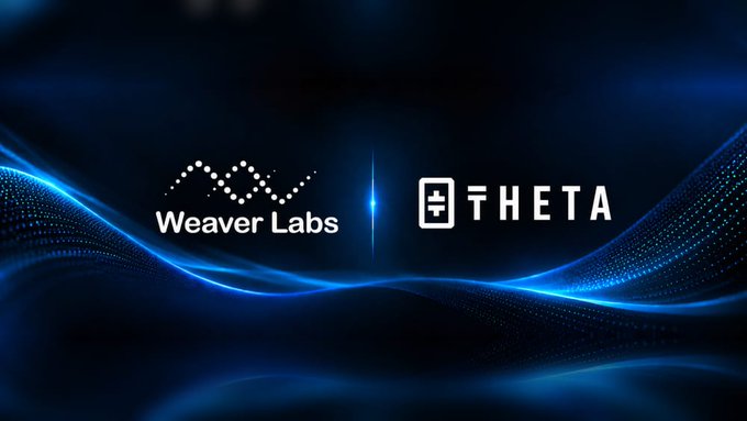 The image features the logos of "Weaver Labs" and "THETA" displayed side by side against a dark blue background with flowing, glowing wave patterns, symbolizing a partnership between the two companies. This visually represents the collaboration where Weaver Labs' Cell-Stack platform will leverage Theta's decentralized GPU network for AI compute in stadium and venue applications.