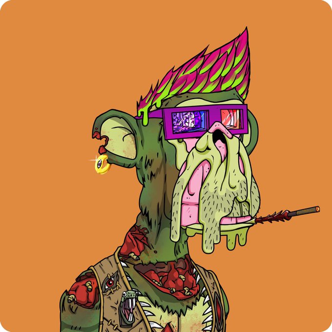 A cartoon-style illustration of a green-skinned zombie or mutant character with a pink and green mohawk, wearing 3D glasses and a tattered brown vest, while smoking a cigarette.