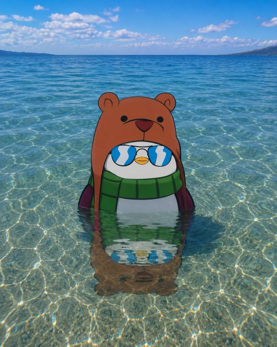 A cartoon penguin character wearing a bear-shaped hood and green striped scarf standing in clear ocean water under a blue sky.