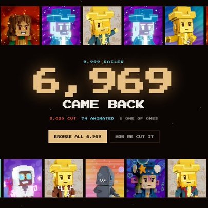 A website screenshot displays '6,969 CAME BACK' in large pixelated numbers with text '9,999 BAILED', '3,030 CUT 74 ANIMATED 5 ONE OF ONES', and buttons reading 'BROWSE ALL 6,969' and 'HOW WE CUT IT', surrounded by various cartoon character avatars.