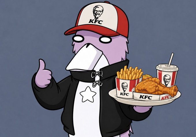 A cartoon character wearing a KFC cap and face mask, giving a thumbs up while holding a tray of KFC fried chicken, fries, and a drink.