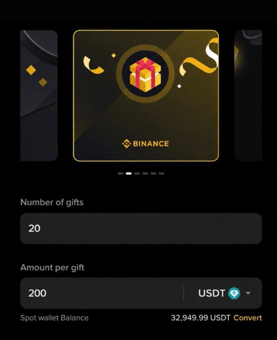 A Binance gift interface displays a promotional Binance-branded gift box with a quantity of 20 gifts at 200 USDT each, totaling from a spot wallet balance of 32,949.99 USDT—illustrating the giveaway of 200 USDT prizes to 20 recipients mentioned in the post.