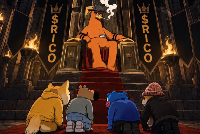 An illustration of an anthropomorphic orange duck wearing a fedora sitting on a throne labeled '$RICO', with four other animal characters kneeling before it.