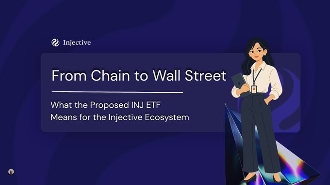 A promotional banner for Injective with a dark purple background, featuring a 2D illustration of a woman in a white shirt and dark trousers. The text reads: 'From Chain to Wall Street: What the Proposed INJ ETF Means for the Injective Ecosystem'.