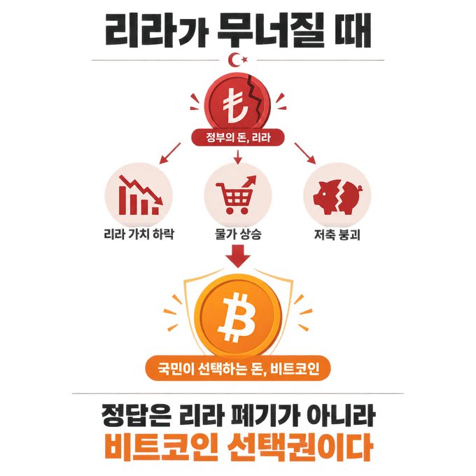 A Korean infographic titled '리라가 무너질 때' (When the Lira collapses) explains how a Turkish currency crisis could benefit Bitcoin, listing negative effects like '리라 가치 하락' (Lira value drop), '물가 상승' (inflation), and '저축 붕괴' (savings collapse) before pointing to a Bitcoin coin labeled '국민이 선택하는 돈, 비트코인' (The money citizens choose).