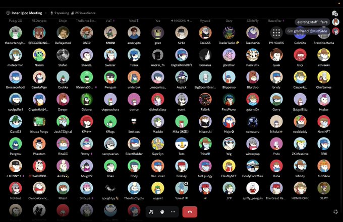 A screenshot of a Discord voice channel called "Inner Igloo Meeting" with 9 people speaking and 221 in audience, showing numerous user avatars.