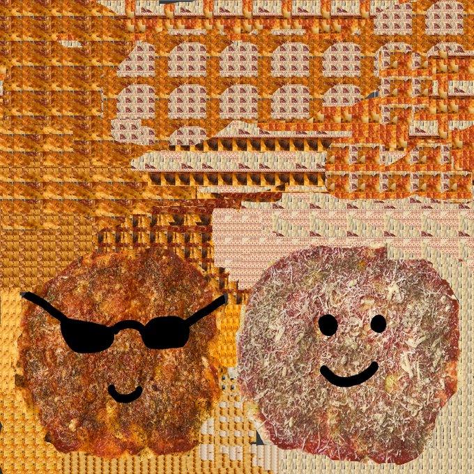 A woven textile artwork depicting two smiling round figures resembling hamburgers or meatballs, one wearing sunglasses, set against a brick-like patterned background.