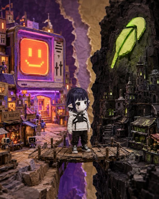 A small anime-style figure stands on a bridge between two contrasting worlds—one a vibrant, friendly town with a glowing smiley face screen and "AT AGEITS"/"ENTRANCE" shops, the other a dark, looming cliffside with a green logo and "TRADE" stalls—visually representing a bridge connecting two chains, mirroring the post's message about bankrbot bridging assets from Base into Robinhood Chain.