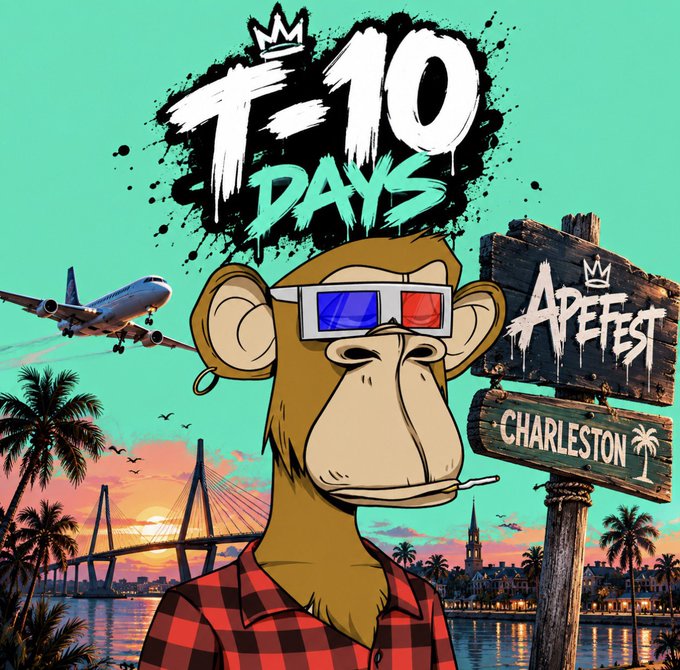 Promotional poster for '10 DAYS' at APEFEST in Charleston, featuring a cartoon monkey in 3D glasses and a red plaid shirt, with a sunset over a bridge and an airplane in the background.