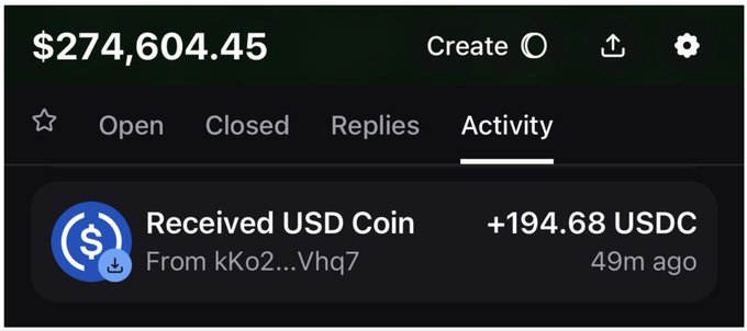 A digital wallet displays a balance of $274,604.45 with a recent transaction showing "Received USD Coin" of +194.68 USDC from kKo2...Vhq7, 49 minutes ago, reflecting the small daily callout rewards from PumpFun mentioned in the post.