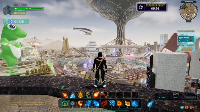 The image shows a video game scene with a character standing on top of a cliff, overlooking a city below. There are two other characters present in the scene - one located near the bottom left corner and another at the top right corner. The cityscape is filled with buildings and towers, creating an urban environment for the characters to explore.