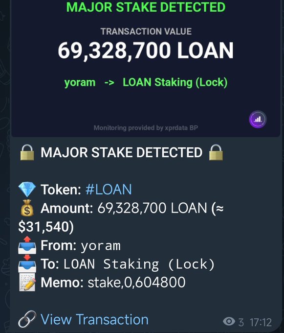 The image shows a screenshot of a transaction screen from a cryptocurrency exchange called #XPR Network & #Loan Community! The main focus of this image is a message that reads "Major stake detected", indicating that there has been a significant change or event in the cryptocurrency market, such as a major move by a cryptocurrency or a change in the value of a token. The post also mentions an approximate value for the transaction amount, which is $31,540.