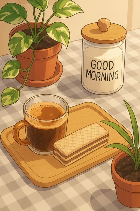 An illustrated cozy morning scene showing a cup of coffee and wafer cookies on a wooden tray, a 'GOOD MORNING' labeled jar, and potted houseplants on a checkered tablecloth.
