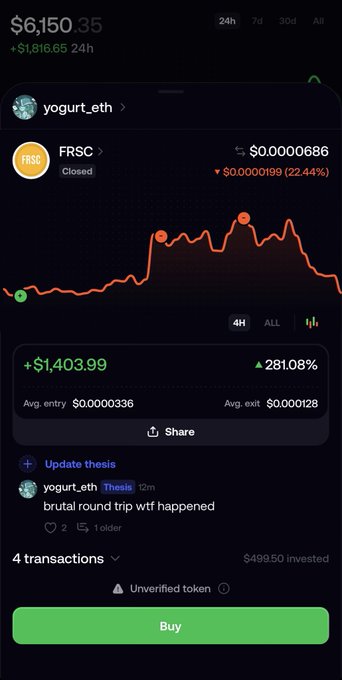 The image shows a cryptocurrency trading app displaying a "brutal round trip" for the FRSC token, which resulted in a loss after an initial gain of $7,000.