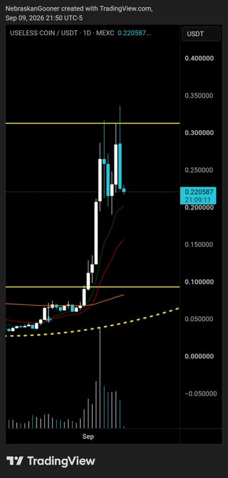 A TradingView candlestick chart for $USELESS/USDT on MEXC shows the coin spiking dramatically toward the $0.32 resistance level before being harshly rejected back down to $0.220587, with a 21.02% single-day decline visible in the daily candle data. The price action confirms the post's observation of a sharp rejection at key resistance, with the latest candle showing a long upper wick near $0.32 followed by a steep pullback.